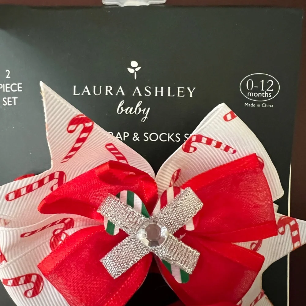 NWT Laura Ashley Christmas 2 Piece Set (Head Wrap & Socks) - 0-12 months